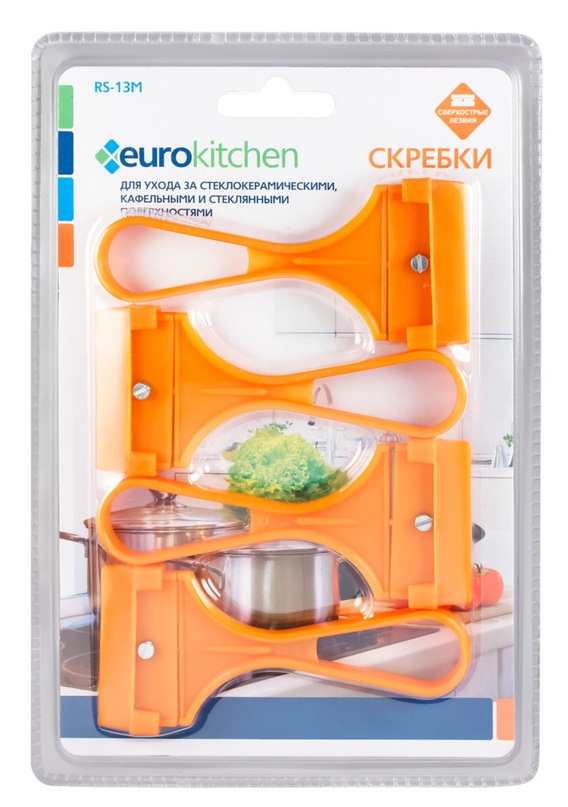 Скребок EUROKITCHEN RS-13M для чистки стеклокерамических,стеклянных и каф. повер. 4 шт,оранжевый
