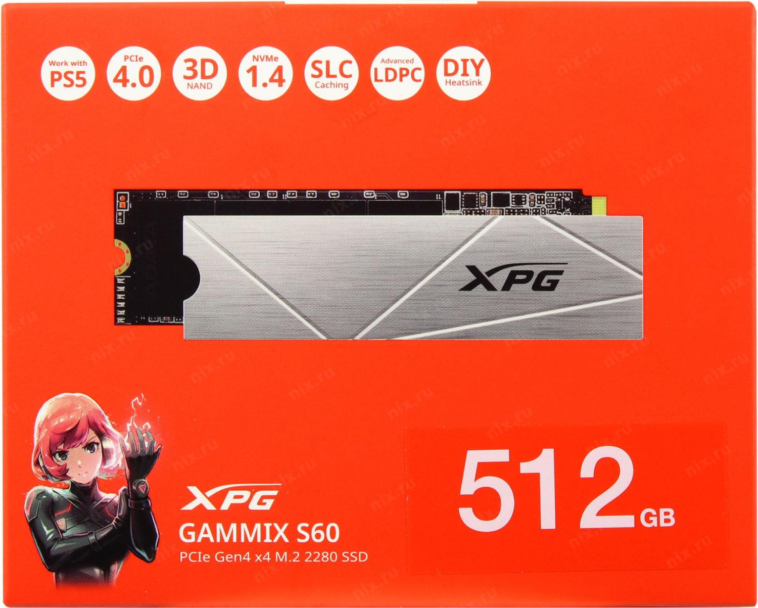 Диск SSD M.2 2280 512Gb ADATA GAMMIX S60 XPG <AGAMMIXS60-512G-CS>(PCI-E 4x4,up to 4800/2000 MB/s)