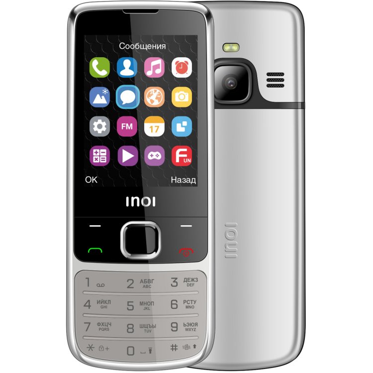 Сотовый телефон INOI 243 серебристый (2*SIM, 2,4", 1000 мАч, micro SD до 16 Гб, 0,1Мп, FM, BT)