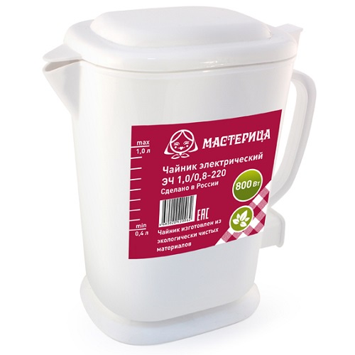 Чайник Мастерица ЭЧ-1,0/0,8-220Б, пластиковый, белый, 1л, 800 Вт