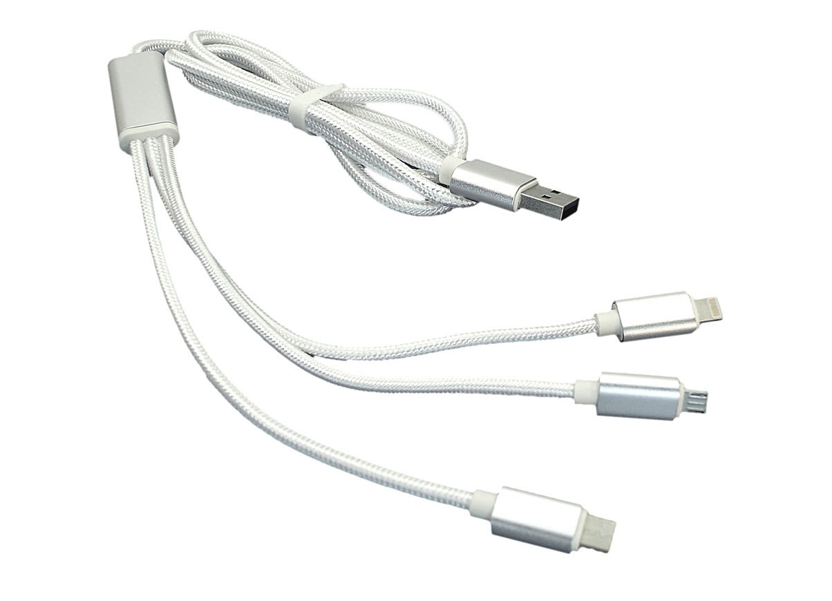 077390 Кабель для зарядки USB (3-в-1) ( Apple Lightning 8Pin, USB Type-C, USB-Micro) ШНУРОК. 1m. Бел