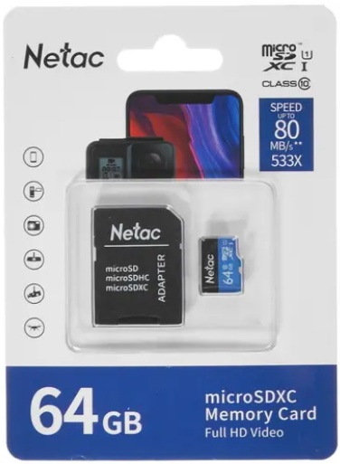 Карта памяти Transflash (MicroSDXC) Card_ 64 GB Class 10  Netac NT02P500ECO-064G-R P500 с адаптером