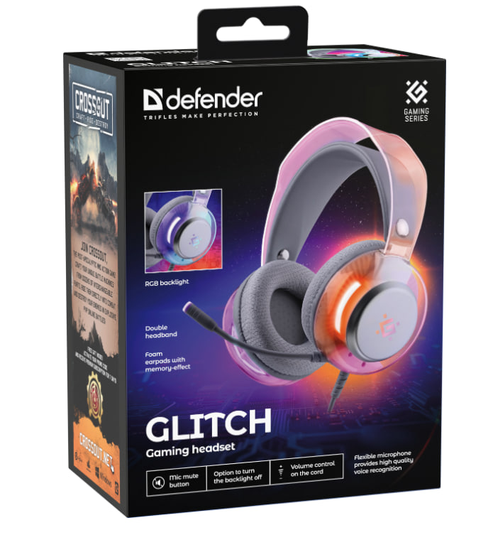 Игровая гарнитура Defender Glitch белый, RGB, провод 2 м