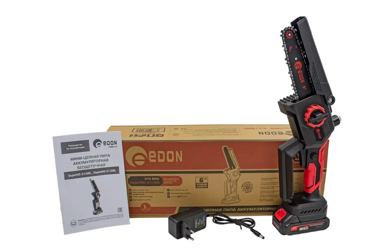 Электропила цепная Edon Super NS-21/6BL аккумуляторная бесщеточная 21В, 1х2,0Ач