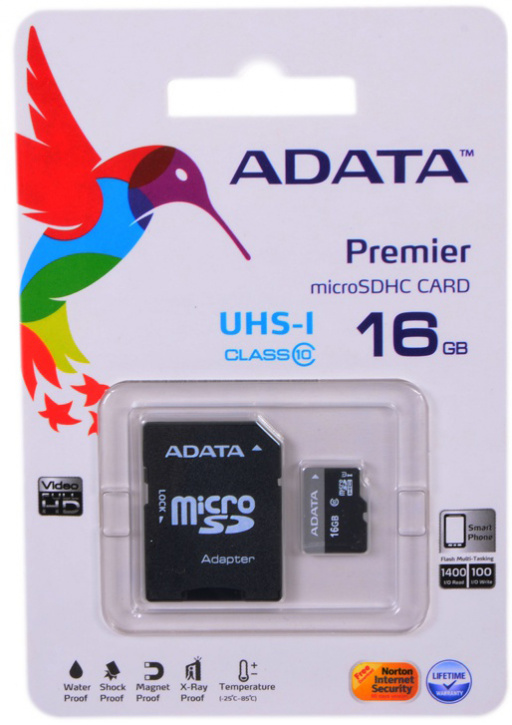 Карта памяти Transflash (MicroSDHC) Card_ 16 GB Class 10 A-Data + adapter AUSDH16GUICL10-RA1