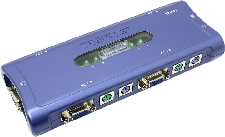 Электронный коммутатор 4-х ЦПУ TRENDnet TK-400K, 4-port KVM Switch Kit, PS/2, кабели в комплекте