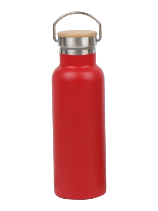 Бутылка Diolex DXB-500-2RD 500 мл красная, нержавейка, вакуумная, с крышкой из бамбука