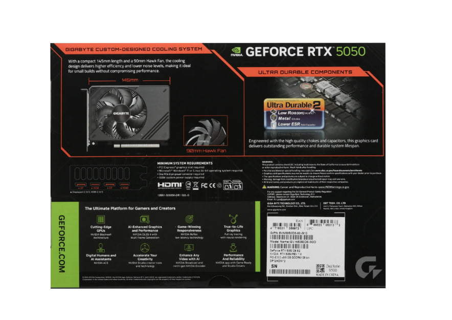 Видеокарта 8192Mb Gigabyte GeForce RTX 5050 GV-N5050D6-8GD GDDR6 128bit 2xDP 2xHDMI 1FAN ITX