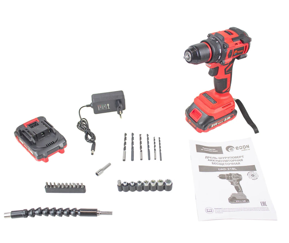 Аккумуляторный шуруповерт Edon UAD-21BL  бесщеточ. (21В,40Нм;2х2,0Ач Li-Ion)