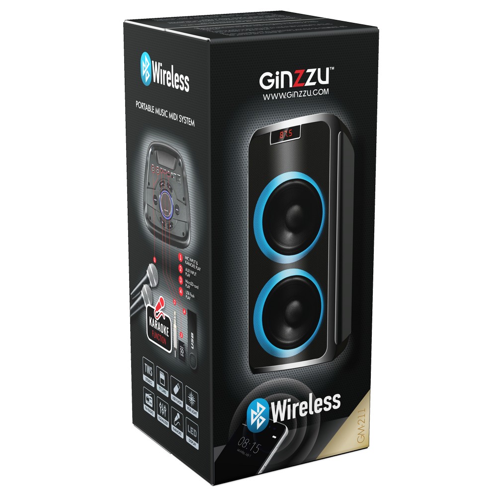 Колонка Ginzzu GM-211, Акустическая система Midi RGB/BT/USB/TF/FM/ДУ